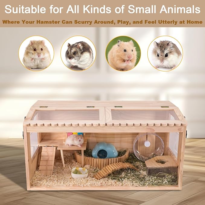 Wooden Hamster Cage,48" Lx20 Wx20 H Large Hamster Cage,2 Washable Liners & 2 Adjustable Ventilation Window. Small Animal Cage for Dwarf Syrian Hamsters Degus Mice & Other Small Pets.
