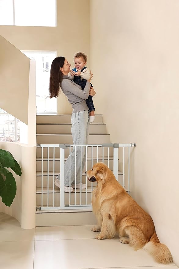44.72"-46.89" Baby and Pet Safety Gate, 30" Tall Metal Walk-Thru Gate for Doorways & Stairs, Easy One-Hand Open, Dual Lock, Extensions & Wall Mounts Included (White, 29"-46" W x 30.5“H)