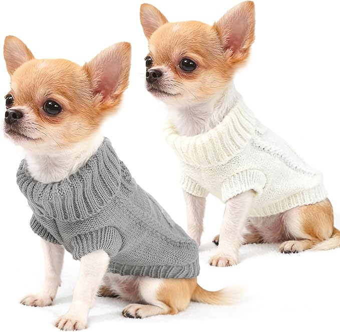 2 Pack Turtleneck Puppy Sweaters Warm Knitted Dog Sweaters for Small Dogs Girl Boy Teacup and Cats Pet Clothes Doggie Apparel Outfits, Grey White, XS(2.4~3.8lbs)
