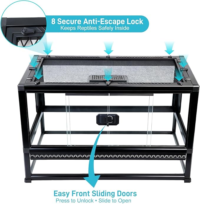 Reptile Terrarium Glass Enclosure 22" × 14" × 12", Front Opening Tank with Mesh Top, Easy Assembly for Small Reptiles, Geckos, Lizards, Snakes, Turtles & More