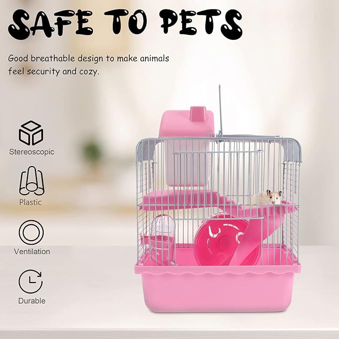 Hamster Cage Portable Double Layer Wire Habitat Small Critter House Cage Pet Playpen Activity Exercise Centre for Rodent Gerbil Mouse Rat Accessories Pink
