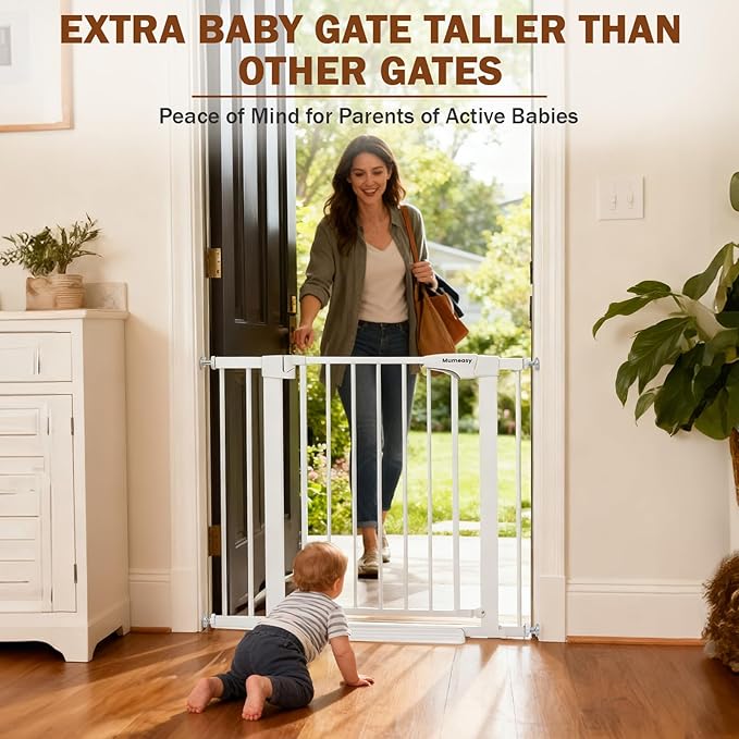 Mumeasy 36" High Extra Tall Dog Gate, 29.6"-40.5" Wide Pressure Mounted Tall Baby Gate for Dog, Auto Close Pet Gate with Door for Stairs,Doorways,House,White