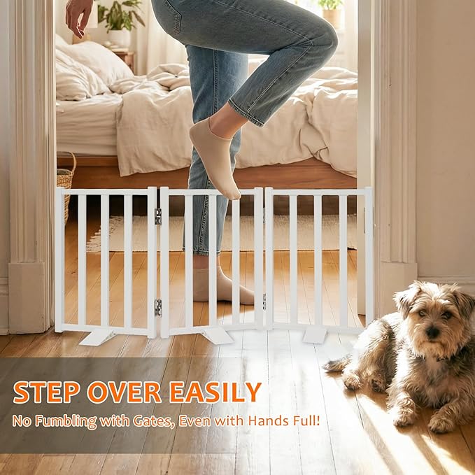 Snagle Paw Short Dog Gate,16.5" Tall Freestanding Metal Dog Gate Only for Small Dogs with Support Feet Easily Step Over,Up to 36" Wide Puppy Gate Indoor for Stairs,Doorways(White,3 Panel)