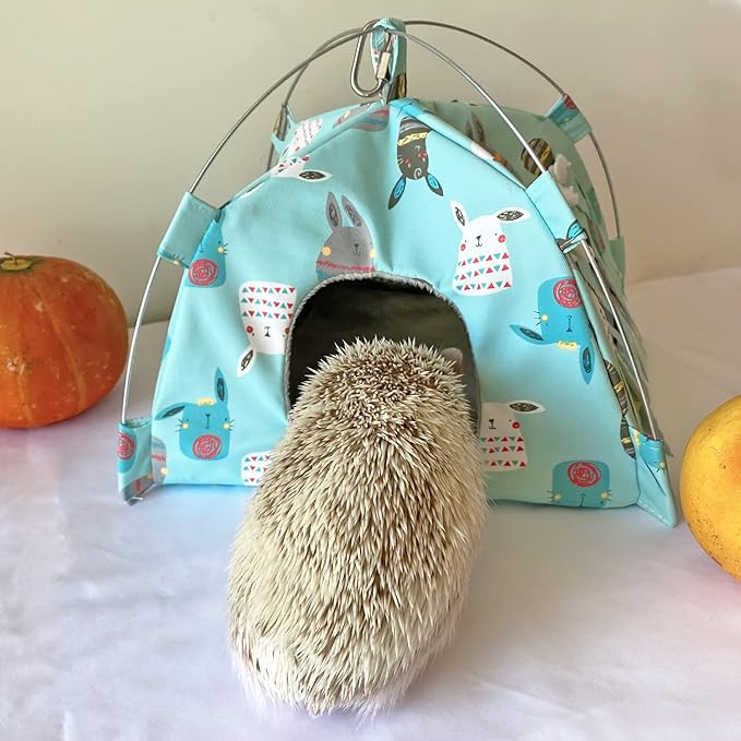 Portable Small Animal Tents House Cave Habitat Hideout with Forest Hidey Curtain for Hamster/Mice/Gerbil Rats/Guinea Pigs Hedgehog Nest Cushion Beds (Blue)