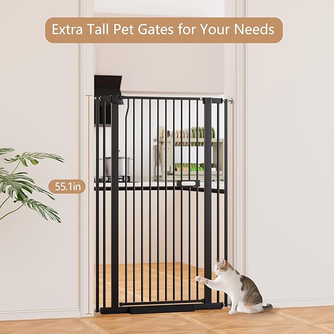 Cat Gate for Doorways, 55.1" Extra Tall Dog Gate Indoor for Stairs/Hallways/Kitchen, 34-38.1" Wide Include 4.13" Extension Kits, No Drilling Auto Close High Pressure Mounted, Black