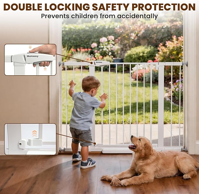 Mumeasy 29.6-46" Baby Gate for Stairs, Pressure Mounted Dog Gate for Doorways, Auto Close Pet Gate for Indoor Use, Extra Wide Child Gate with Walk Thru Door White, Mom's Choice Awards Winner
