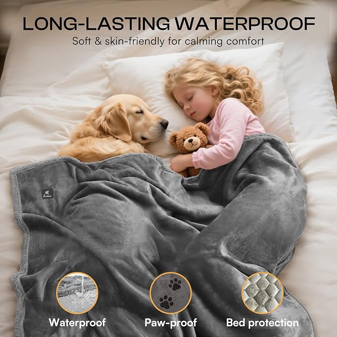 Luciphia Waterproof Bed Blanket Washable, Soft Sherpa Fleece Puppy Reversible Throw Blankets for Medium Large Dog Cat, Furniture Cover Protector Couch from Liquid Pee and Pet Fur, Light Grey,65" x 57"