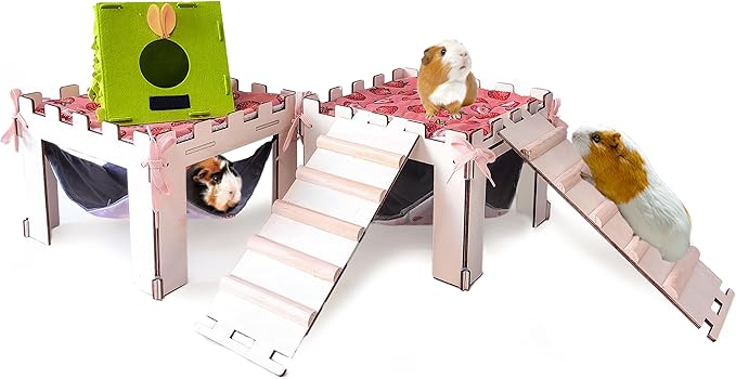 2PCS Guinea Pig Hideout with Hammock,Large Wooden Guinea Pig House with Stairs and Mats,Detachable Guinea Piggy Hide for Small Animals Hamster Ferret Chinchilla Habitats Accessories