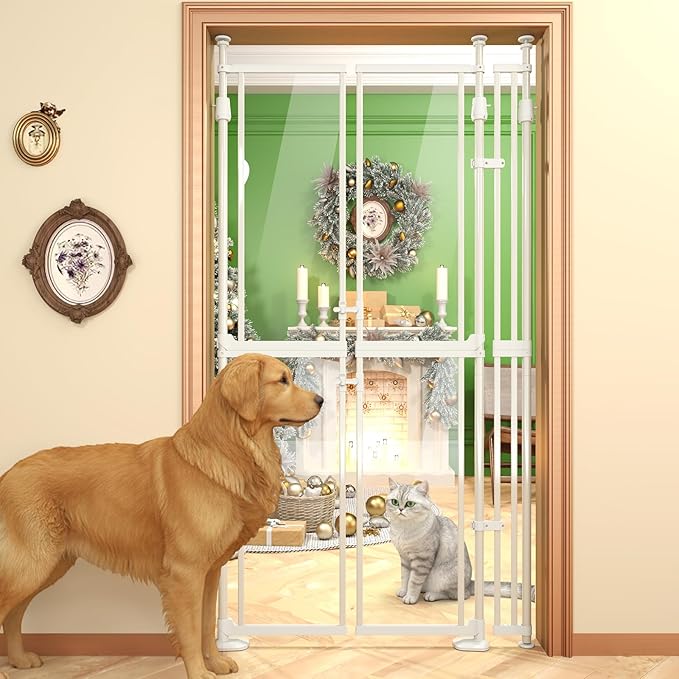74"-98.5" Extra Tall Cat Gate for Doorway, Wide Adjustable 33.85-42" Clear Dog Gate Acrylic, Pressure Mounted Stairs, House, Innovation Double Opening Pet Gate,White