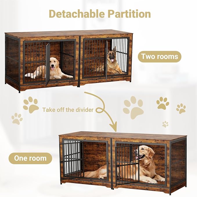 Rovibek 86" Stackable Dog Kennel Furniture with Removable Divider & 3 Doors, Double Dog Crates Furniture for 2 Dogs, Corner Dog Crate Furniture, Rustic Brown