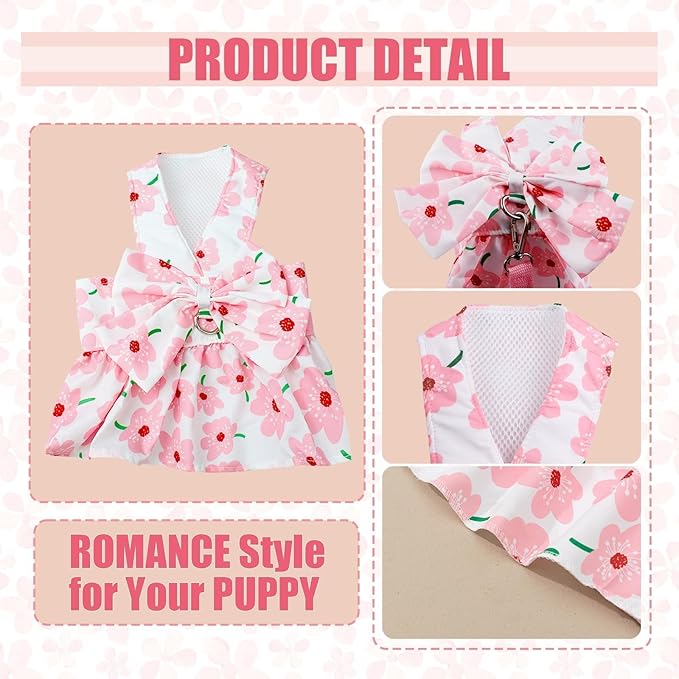 Dog Dress Bowknot Harness Leash Set for Small Girl Dogs Pink Floral Dog Cat Clothes Cute Puppy Outfits Pet Clothes Spring Summer Breathable Dresses(Medium)