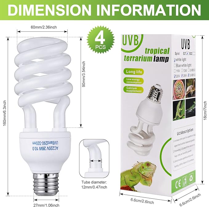 Reginary 4 Pcs Uvb Reptile Light 10.0 26 W, Reptile Uvb Bulb for Desert Tropical Sub Tropical Fluorescent Simulation Color Light for Turtle, Bearded Dragon, Lizard, Gecko
