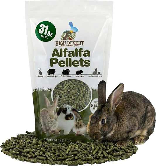 High Desert Delight Alfalfa Pellets, Protein Rich Small Animal Food for Young Rabbits Guinea Pigs and Small Pets, Natural Fiber Alfalfa Hay Pellets for Digestive Health, Fresh Hand Packed 31 oz Bag