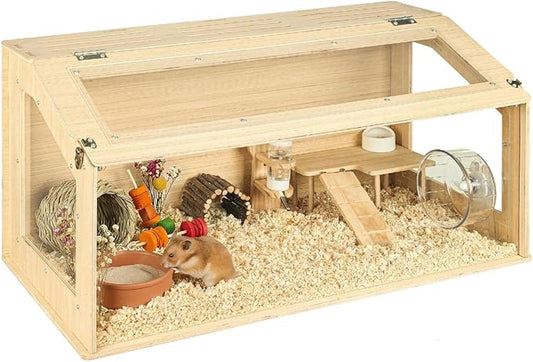 Large Wooden Hamster Cage, 31.5" Portable Habitat with Acrylic Panels & Openable Top, Includes Water Bottle, Fences and Platform for Syrian Hamsters, Dwarf Hamsters, Gerbils