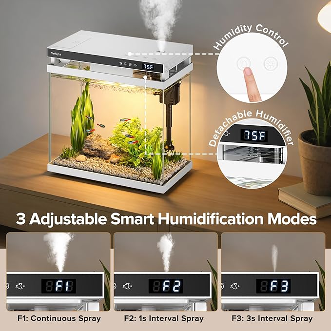 Fish Tank Aquarium, 2.2 Gallon Smart Fish Aquarium Kits with Auto Feeder, Silent Water Pump, Temperature Display, Smart Humidifier & 7-Color Lighting, for Office & Home - White