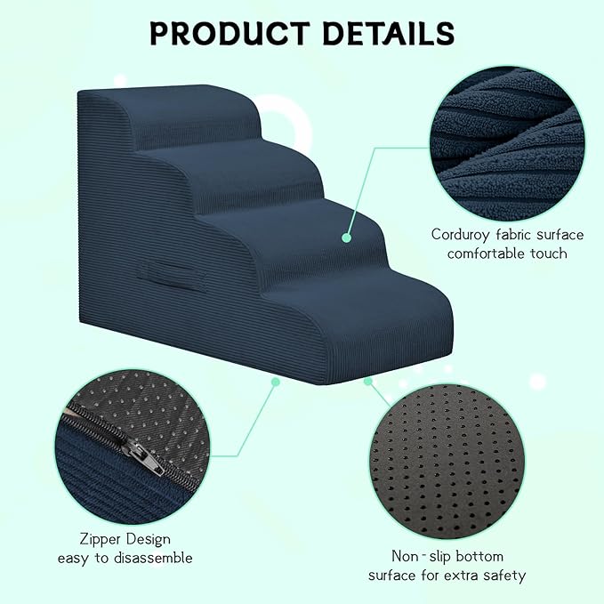 Mesa Lemon Dog Steps for Small Dogs, 3-Step Pet Ramp Stairs for High Beds and Sofa, Non-Slip Pet Stairs for Small Dogs and Cats, Removable and Easy to Clean Cover, Navy
