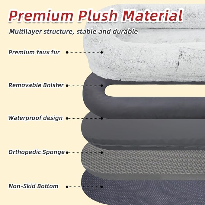 WROS Human Dog Bed - 71"x45"x12" Orthopedic Bed for Humans & Pets, Washable, Plump Pillow, Blanket, Strap - Grey