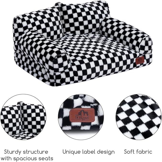 Hollypet Fluffy Dog Cat Bed Pet Couch Beds Plush Soft Warming Washable Puppy Bed for Small Medium Dogs and Large Cats, Black and White, 24" L x 18" W x 10" Th