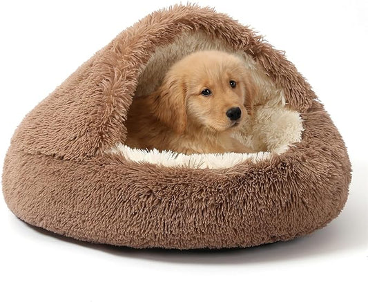 NOYAL Round Hooded Donut Dog Bed for Small & Medium Pets - Plush Fluffy Anti-Anxiety Cat Cave Bed with Cover