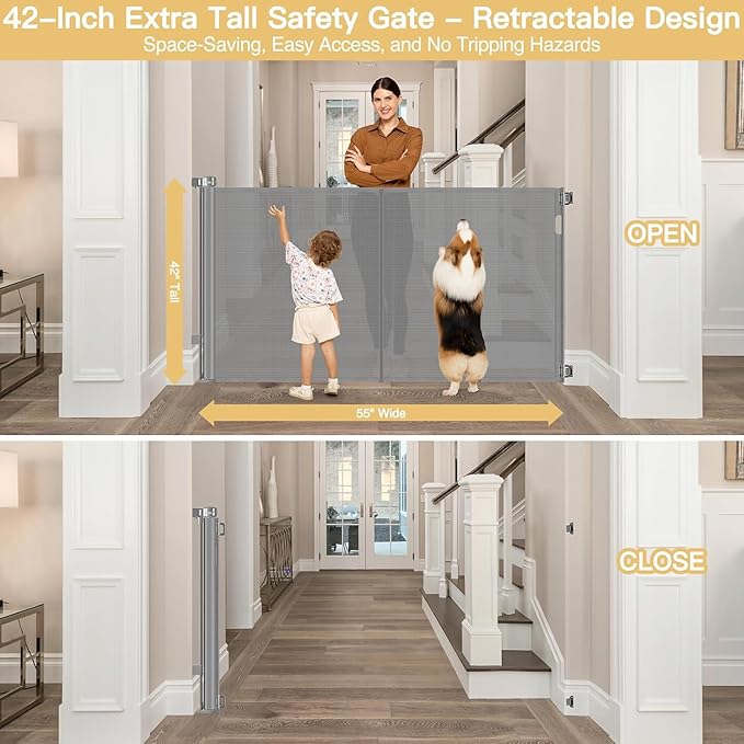 Reinforced 42" Extra Tall Baby Gate 55" Wide Retractable Dog Gate with Support Rods - Bottom Anti-Escape, Extra Tall Pet Gate Indoor Stair Gate Retractable Gates for Dogs Outdoor Gates for Decks, Gray