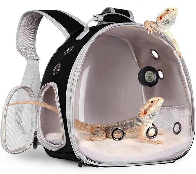 Bearded Dragon Travel Backpack Carrier with Reptile Thermometer and Humidity Gauge Lizard Travel Cage Space Capsule Clear Bubble Window Astronaut Reptile Carrier Bag for Ball Python (Black, Backpack)