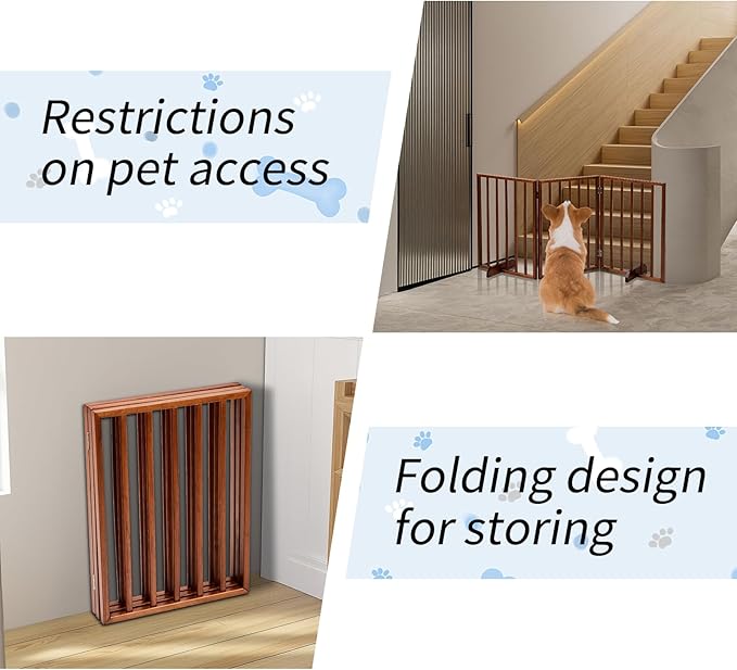 BONNLO Free Standing Dog Gate Indoor, Foldable Pet Gate for Dogs and Puppy, 24" Height Wooden Dog Gates for Doorways Extra Wide/Stairs/Hallways (Brown, 3 Panel)