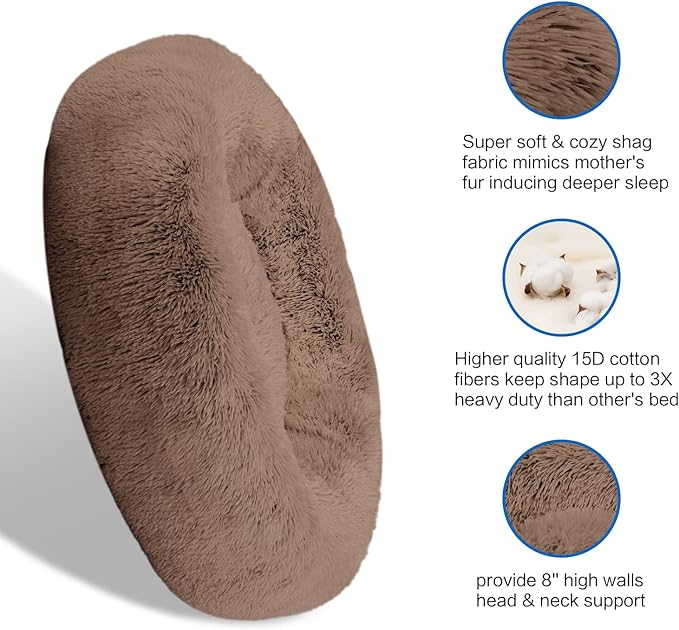 SAVFOX 45 inches Calming Donut Dog Bed - 3X Durable Plush Faux Fur, Machine Washable & Non-Slip, Fits up to 150 lbs, Brown