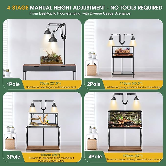 MECESOR Dual Reptile Lamp Stand,15.7-74.3 Inch Height Adjustable Reptile Light Stand,360° Sewing Flexible Arms,Heat Lamp Stand for Reptiles Tank,Terrariums,Amphibian Cages&Plants