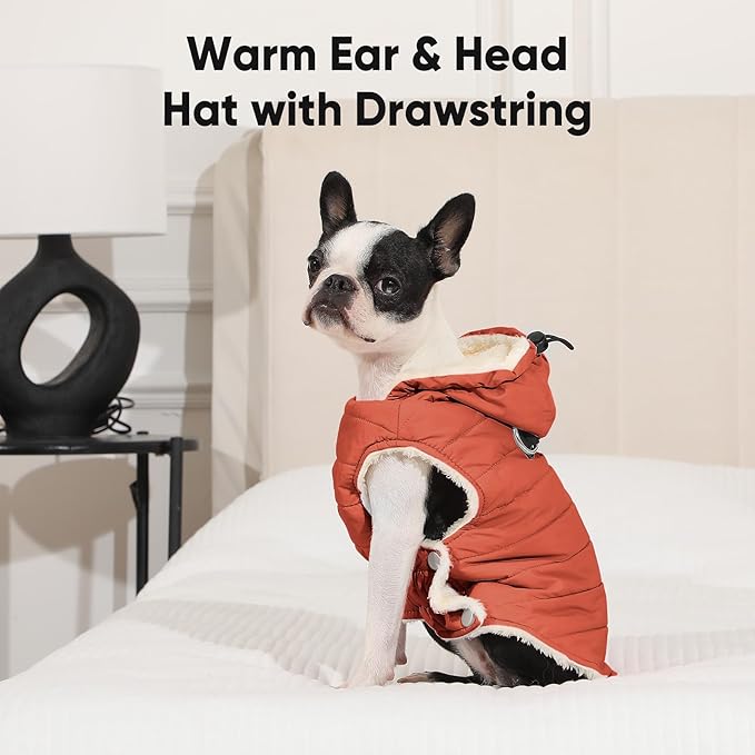 Vecomfy Fleece Lining Dog Hoodie with Harness Built in,Extra Warm Small Dog Jacket in Winter Puppy Coats with Drawstring Hooded,Orange S