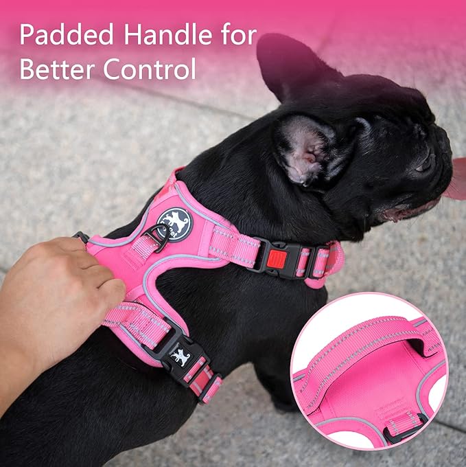 PoyPet No Pull Dog Harness, No Choke Reflective Dog Vest, Adjustable Pet Harnesses with Easy Control Padded Handle for Small Medium Large Dogs(Pink Matching Trim,M)
