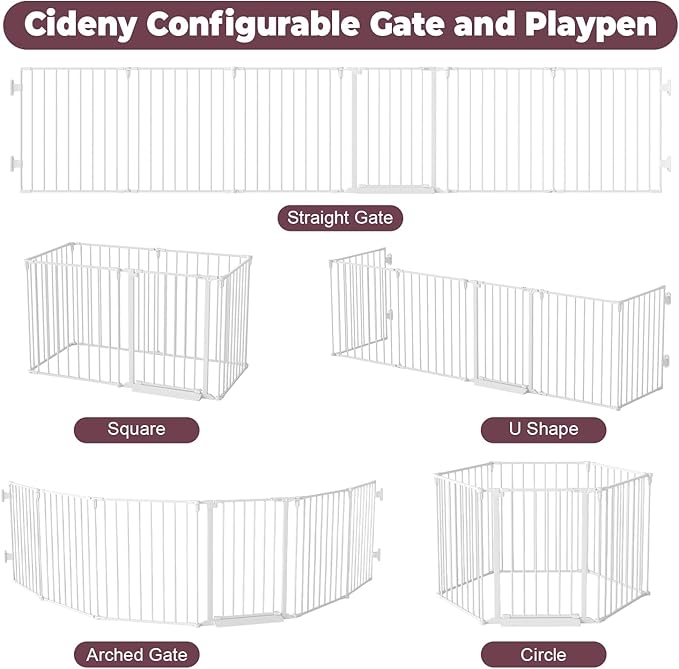 144" Extra Wide Baby Gate with Door, Configurable 6 Panels Baby Fence, Fireplace Gate with Anti-Trip Pedal, Family Essentials Safety Gate for Child Dogs Pets, 28'' Tall White