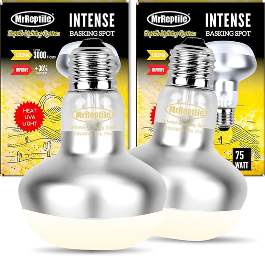 MRREPTILE Reptile Heat Lamp, 2-Pack 75W Intense Basking Spot, Reptile Basking Bulb, Bearded Dragon Basking Light, Simulated Natural Midday Basking for Reptiles Snakes Lizards Tortoise Chickens Heater