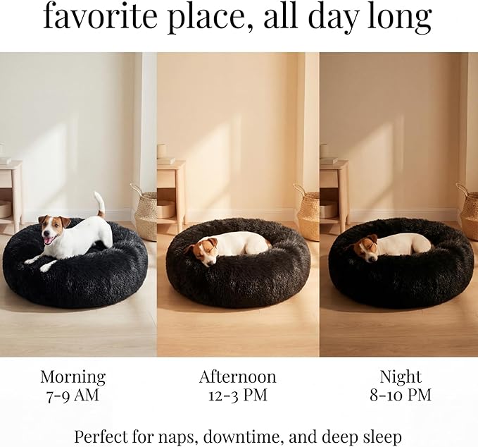 Calming Donut Dogs Beds for Small Dogs Washable,28inch Plush Round Pet Bed for Cozy Sleep,Fluffy Faux Fur Large Cat Bed,Fits up to 30 lbs Pets,Black