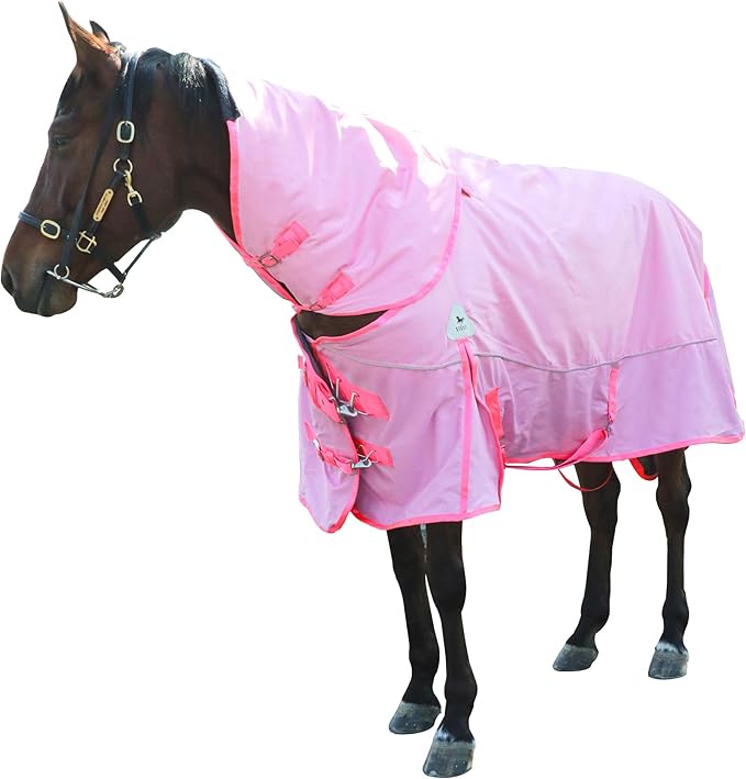Turnout Blanket for Horses, Waterproof Thickened Horse Sheet with Detachable Neck Cover,1600D Nylon Outer, 400g Heavy Weight Filling (Pink, US 72IN(EU 135cm))