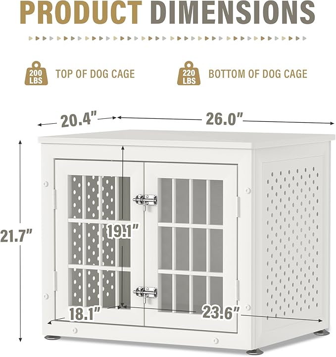 rehomerance 26" Heavy Duty Dog Crate Furniture for Small Dogs, Metal Kennel for High Anxiety Dogs, Chew Proof Pet Cage Indoor, Decorative Kennel End Table, White