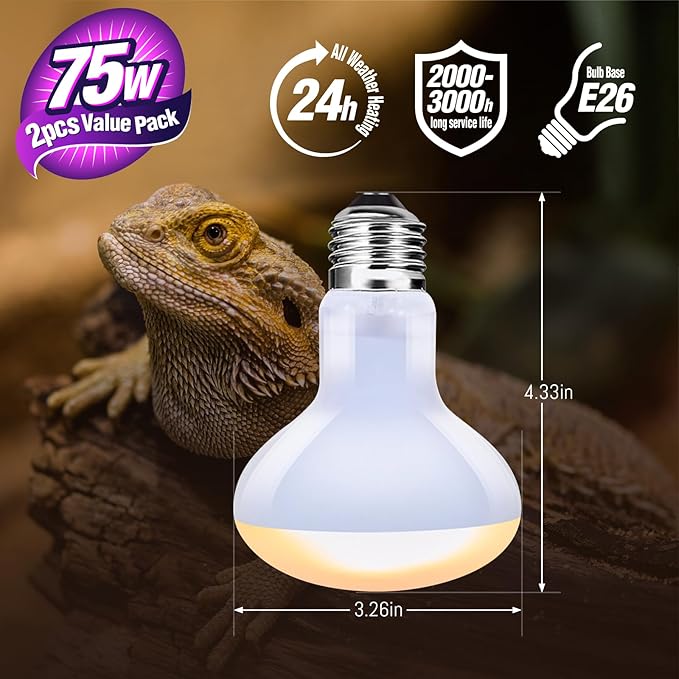 Leoterra 75W Reptile Basking Spot Bulb (2-Pack),Thickened Glass UVA Heat Lamp for Medium 20-40 Gallons Terrariums,Ideal for Juvenile Bearded Dragons, Blue Tongue Skinks, Aquatic Turtle Docks(E26 110V)