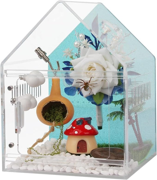 Magnetic Acrylic Spider Enclosure 5.3x5.3x7.3 Inch, House Shape Terrarium with Blue or Purple Background for Jumping Spiders, Tarantula Slings & Mantis, Escape-Proof Habitat (Blue)
