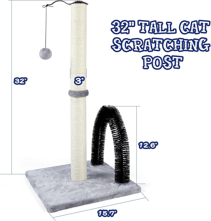 ANWA 32" Tall Cat Scratching Post with Arch Groomer, Natural Sisal, Gray - Image 2