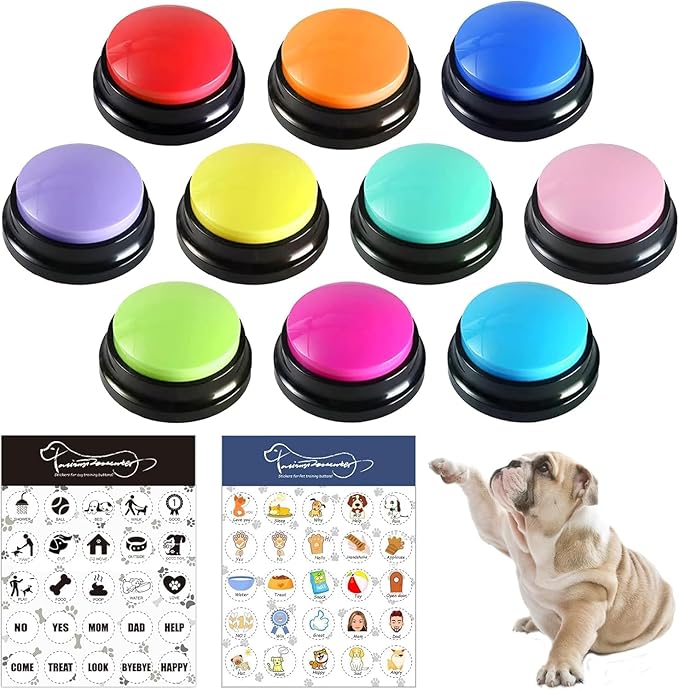 RIBOSY Dog Buttons for Communication, 10 Pcs Dog Speech Training Buzzers with 50 Training Stickers, Train Your Dog to Voice What They Want
