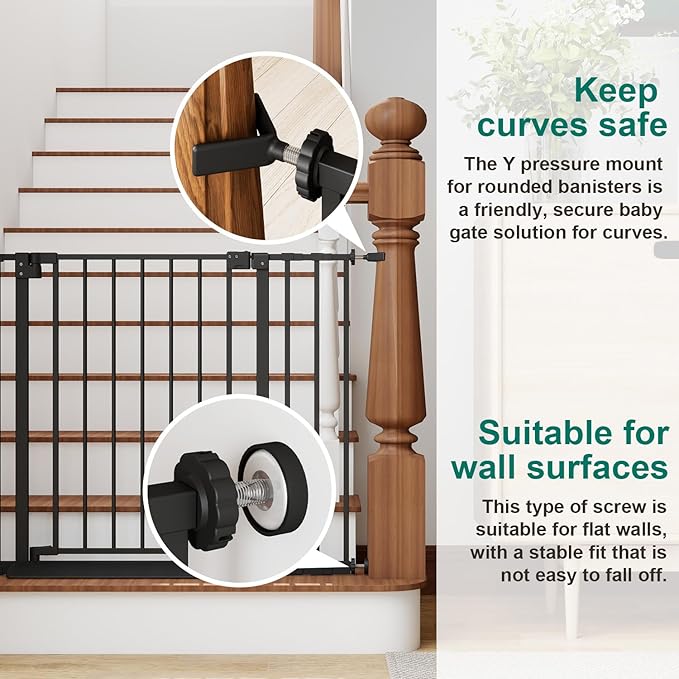 Miumoon 29.7-46" Baby Gate for Stairs with Banister Adapter Y-Spindle Rods, 30.5" Tall, Easy-Install Pressure Mounted Baby Gate for Doorways, Auto-Close Dog Gate Indoor for Child and Pets
