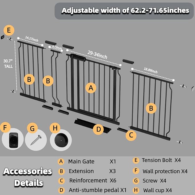 62.2"-71.65" Extra Wide Auto Closing Baby Safety Gate for Stairs & Doorways, Pressure Mounted No Drill Pet Gate with Walk-Through Door - Heavy Duty Childproof Gate for Toddlers, Kids, Dogs