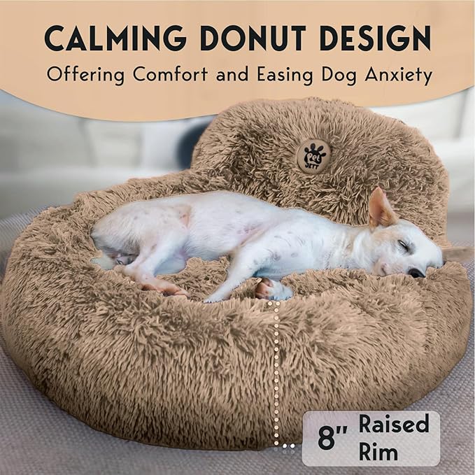 PetJett Calming Medium Dog Bed - 30'' Round Dog Beds - Washable Dog Bed - Anti-Slip Super Soft Fluffy Plush Donut Bed, Anti-Anxiety Premium Comfort Pet Bed, Fits Dogs up to 45 lbs - Beige
