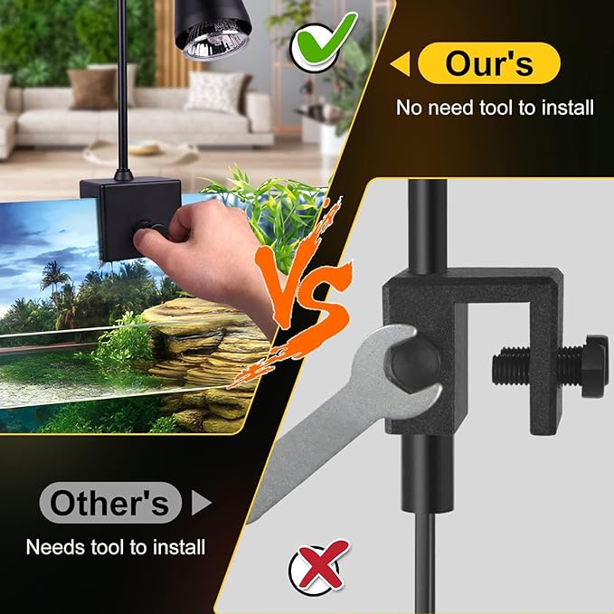 Reptile Heat Lamps, 360 Rotatable Clamp on Dimmable UVA UVB Basking Spot Light Simulated Sunlight with Timing and 2Pcs E27 Bulbs for Aquarium Lizard Turtle Amphibians (US Plug)