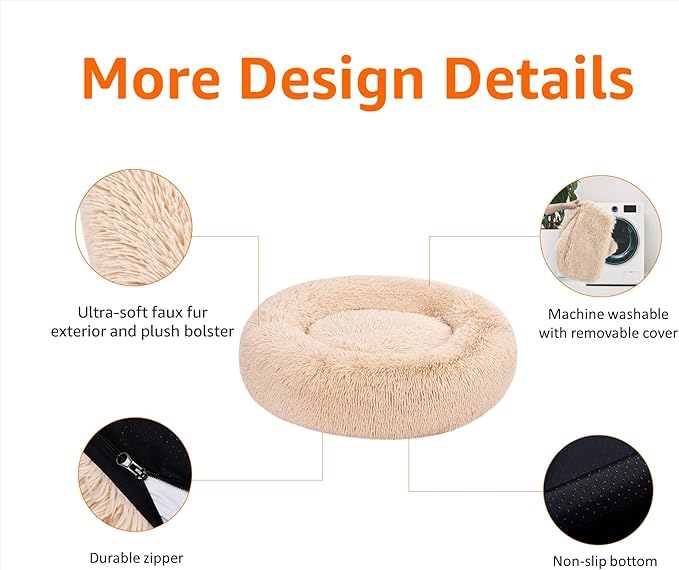 Amazon Basics Washable Donut Pet Bolster Faux Fur Bed with Removable Cover, Anti-Slip Bottom for Dog, Beige, 36" x 36"
