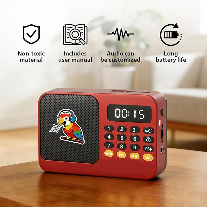 Parrot Talking, Whistling & Singing Training Player – 134 Professional Audio Tracks with Loop Playback &Self-Custom Audio, Includes Training Guide for Beginners & Busy Individuals (Red)