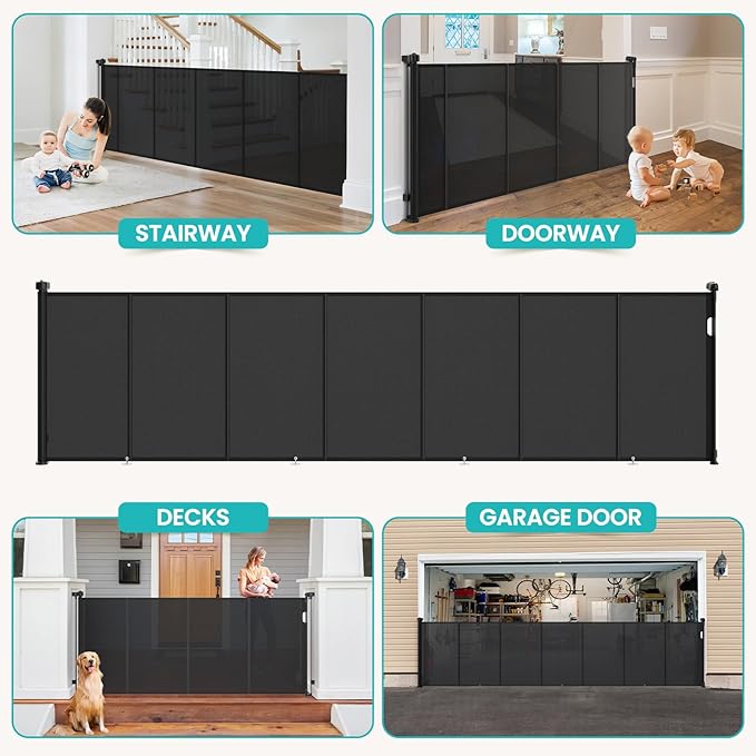 Upgrade Retractable Baby Gates Extra Wide (200" W x 42" H), 200 inch Reinforced Retractable Dog Gate to Prevent Crawling Through, Retractable Gate Outdoor/Indoor, Real One-Handed Operation, Black