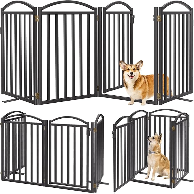 Malier Metal Freestanding Dog Gates with Door, 32'' Height Outdoor Indoor Dog Fences, Extra Wide Foldable Puppy Gate for Stairs (Black, 【4 Panels with Door】 80''W × 32''H)