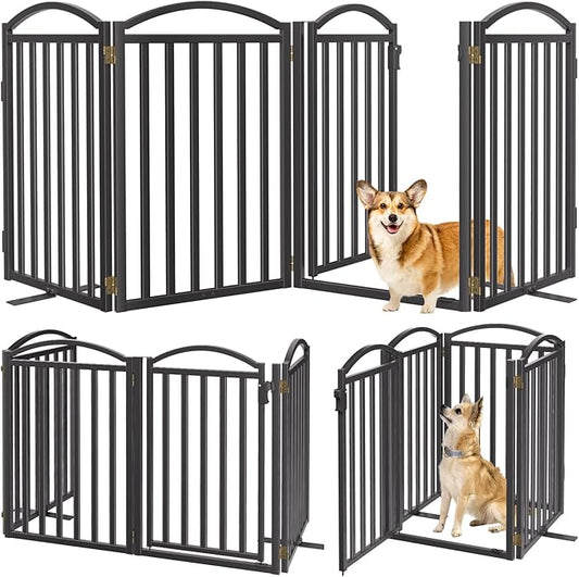 Malier Metal Freestanding Dog Gates with Door, 32'' Height Outdoor Indoor Dog Fences, Extra Wide Foldable Puppy Gate for Stairs (Black, 【4 Panels with Door】 80''W × 32''H)