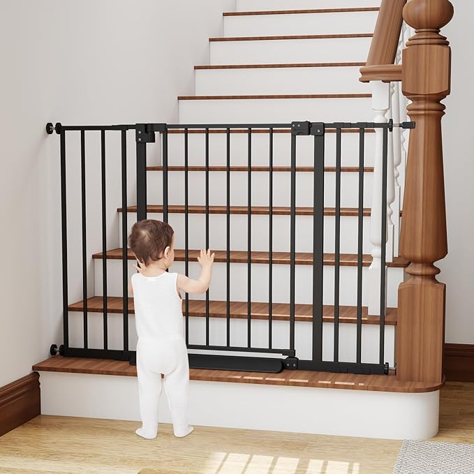 Miumoon 29.7-46" Baby Gate for Stairs with Banister Adapter Y-Spindle Rods, 30.5" Tall, Easy-Install Pressure Mounted Baby Gate for Doorways, Auto-Close Dog Gate Indoor for Child and Pets