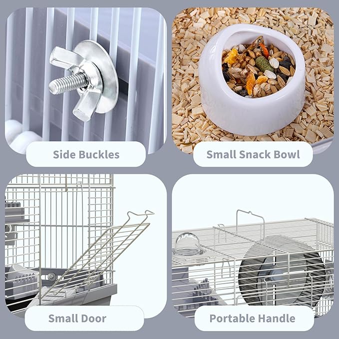 Small Hamster Cage Starter Kit 19”Lx12”Wx12”H for Dwarf Hamster & Robo Hamster with Multilevel Platforms, 2 Tube Ports, Exercise Wheel, Ladders, Water Bottle, Food Bowl, Gray